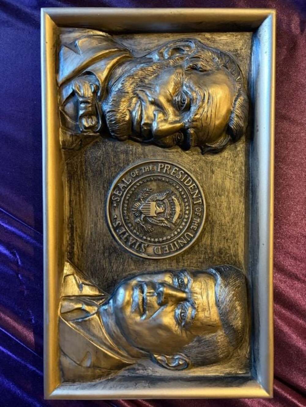 Vintage Bronze Colored Presidential Plaque featuring Lincoln & Kennedy